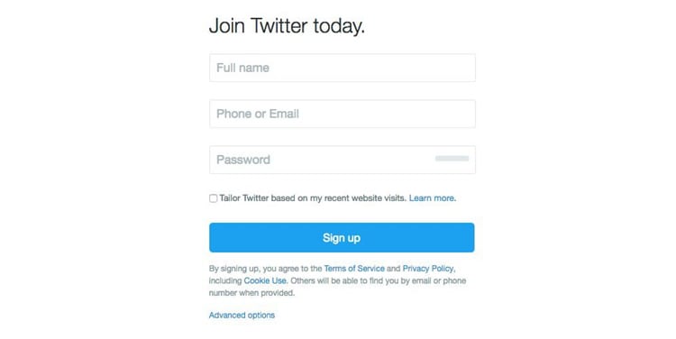 Twitter's registration form (Image source: Twitter)