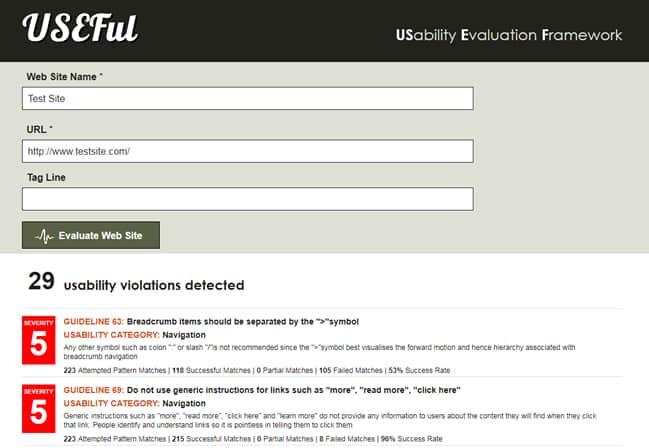 USEFul (USability Evaluation Framework) Screenshot