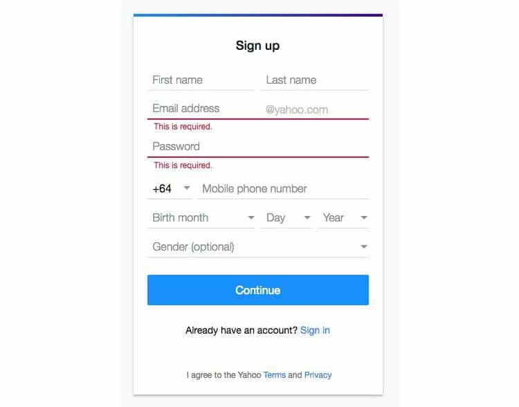 Yahoo's registration form (Image source: Yahoo)