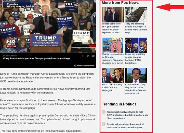 Sidebar for suggested content (Fox News)