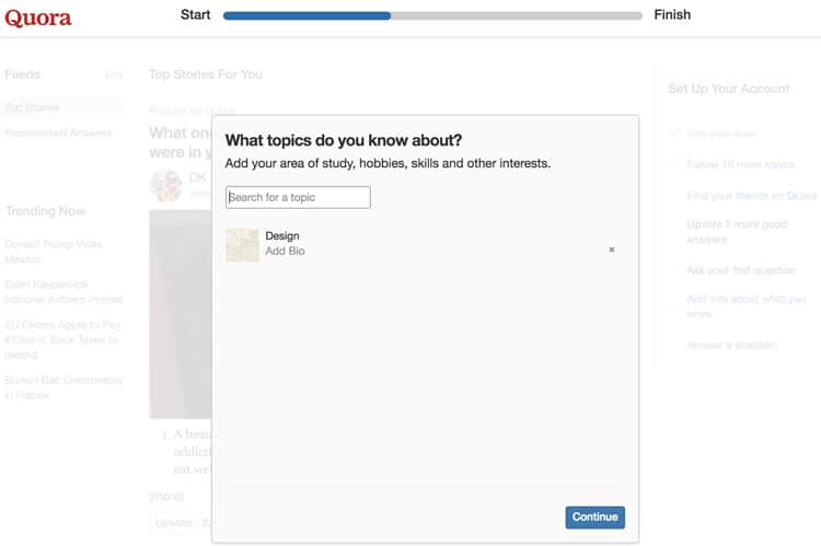 Quora's onboarding experience (Image source: Quora)