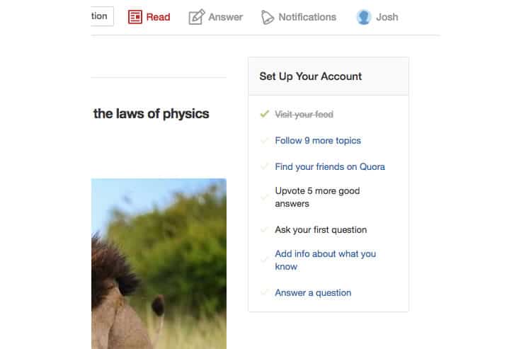Quora's checklist as part of its onboarding experience (Image source: Quora)