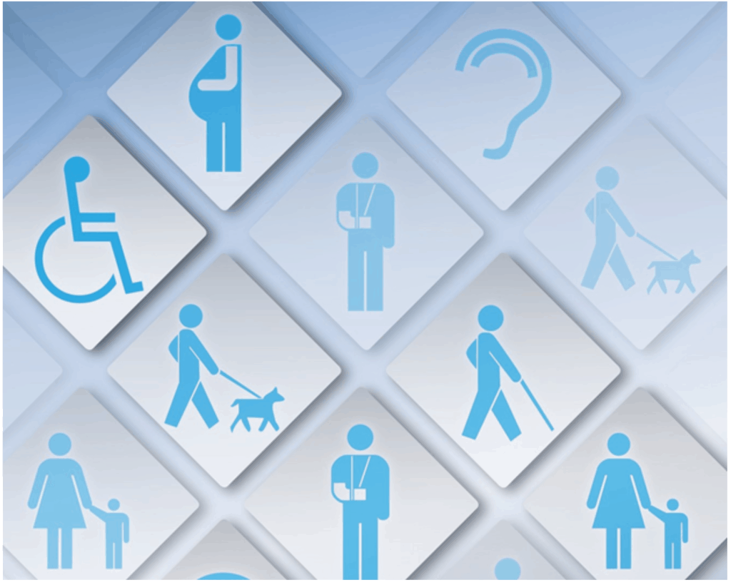Collage of illustrations that show various disabilities – permanent as well as temporary (a pregnant lady, a person walking a dog, a person wearing a cast for a broken elbow, a person with a small child, a person walking with a stick and a person in a wheelchair.