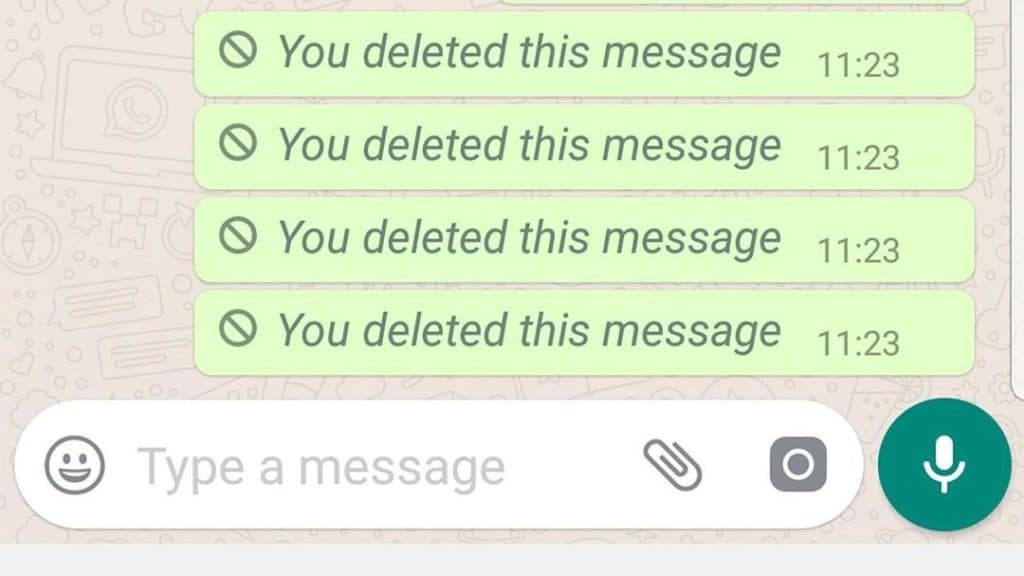 Screenshot of a WhatsAppChat thread where the messages read " You deleted this message".