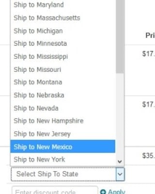 Screenshot of a UI with a dropdown menu for selecting a State to ship too. All the options begin with the words "Ship to ...".