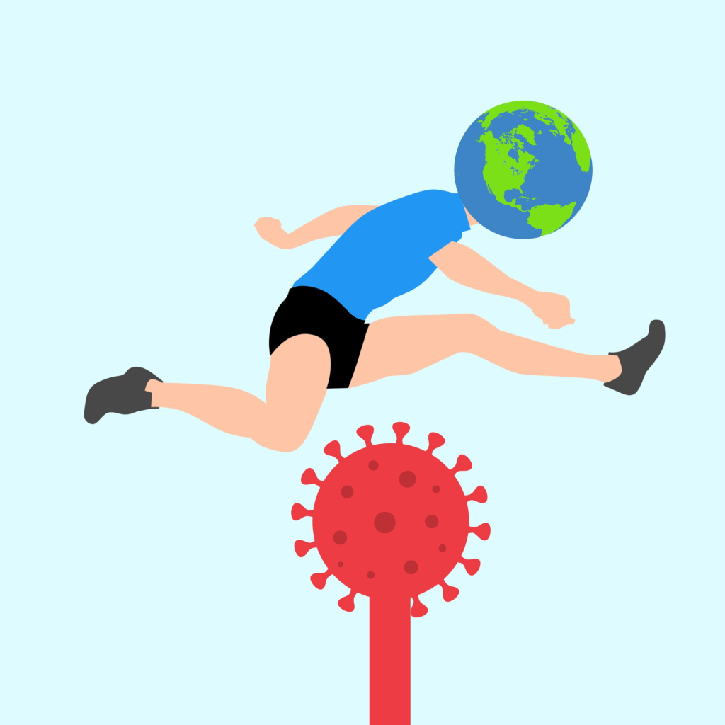 Illustration of a human being jumping over a virus. The head of the human being has been replaced with that of the Earth.
