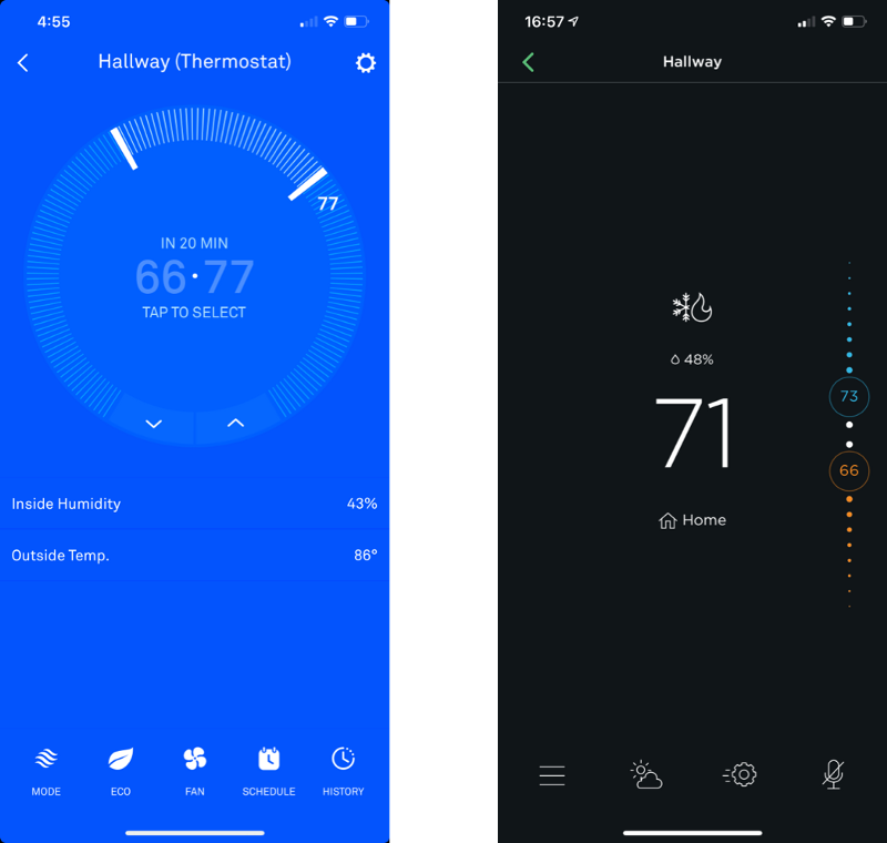 Side-by-side comparison of the UIs of Nest and ecobee.