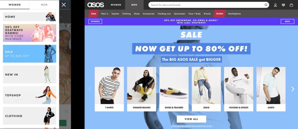 Side-by-side comparison of. screenshot of the ASOS store on the mobile and desktop.
