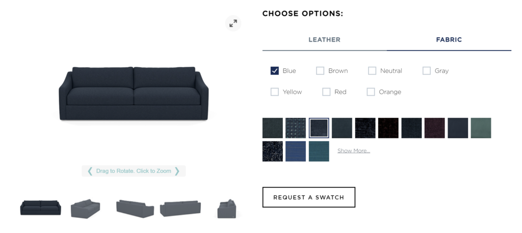 The sofa selector on American Leather's site enables the user to choose between material (leather and fabric) and different colors.