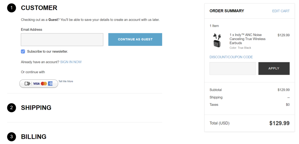 Checkout page of Skullcandy's eCommerce store offers users the option to checkout as a guest.