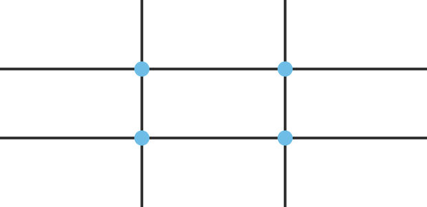 A 3x3 grid made using 2 vertical and 2 horizontal lines. The intersection of these four lines is highlighted.