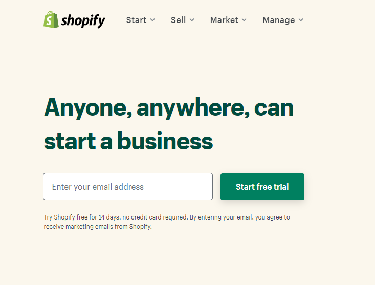 Shopify's home page with the title, ' Anyone, anywhere, can start a business'