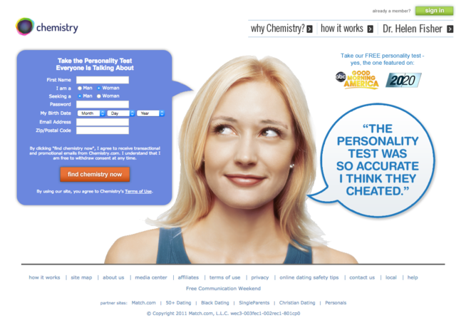 Example of a website that uses directional cues. At The Center of the webpage is a headshot of a woman, her eyes 'pointing' towards the main CTA
