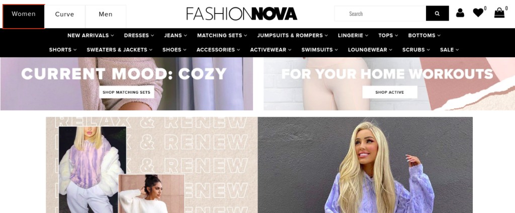 FashionNova's website features three categories of clothing: Women, Curve, and Men. There are 17 sub-categories within "Women" that are all displayed on a horizontal navigation bar.