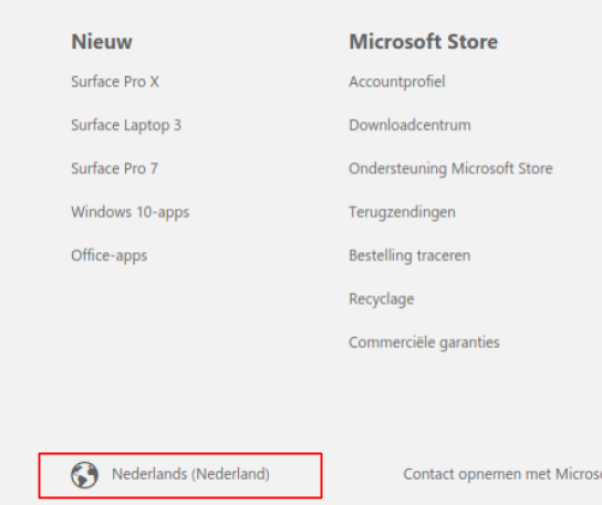 The footer of the Microsoft website that shows the location option set to Nederlands at the very bottom.