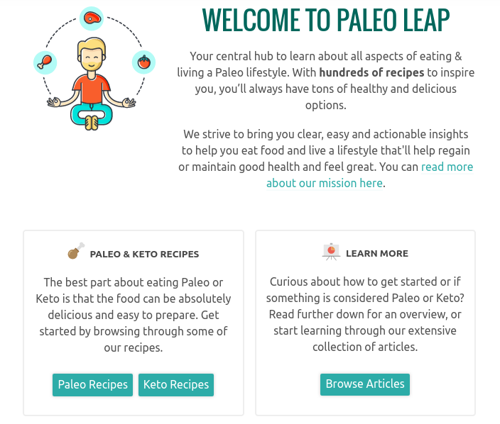 Screenshot of Paleo Leap, a website with recipes for Paleo and Keto diets.