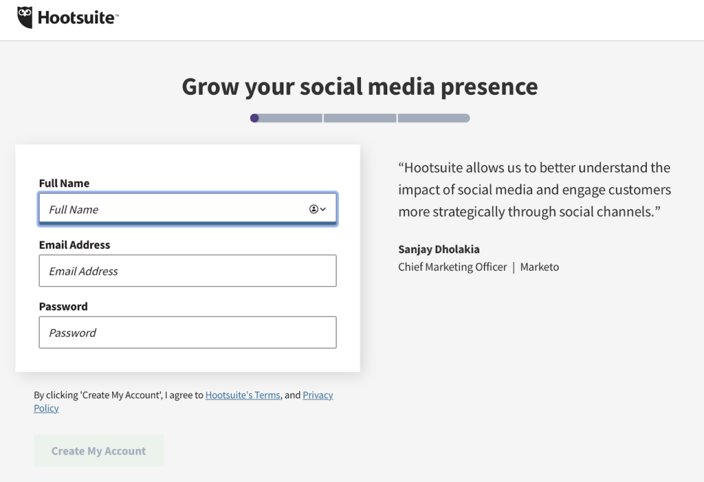 HootSuite's landing shows a progress bar at the top, indicating that the user is on the first of three steps.