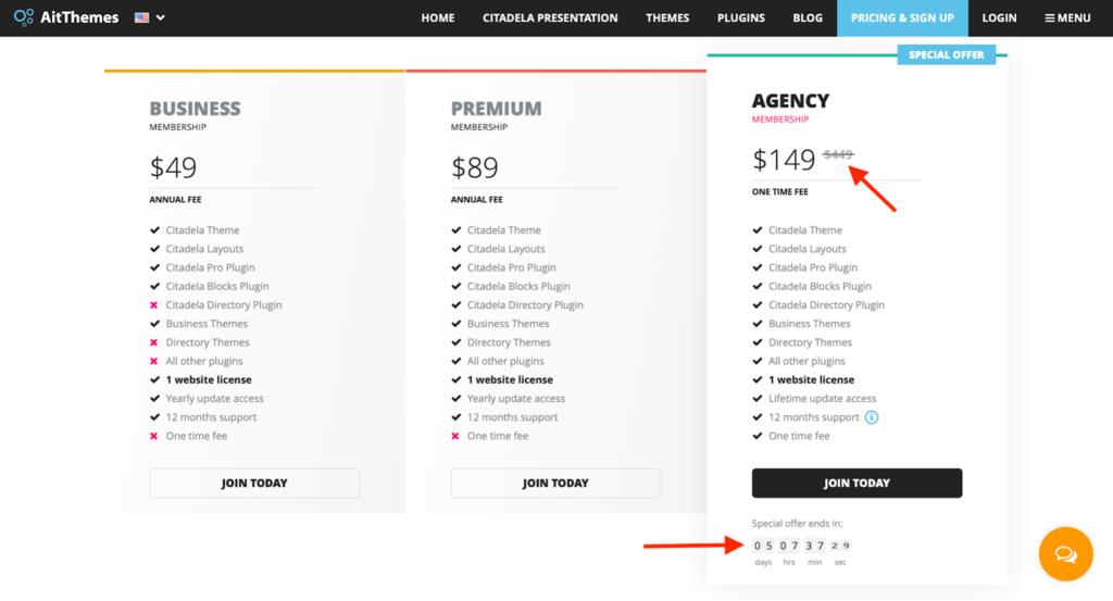 AIT Themes' pricing page shows a 75% discount on their agency membership, which is valid for just 5 days.