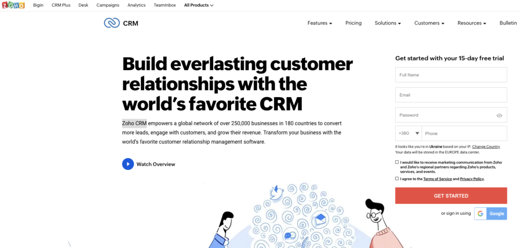 Zoho CRM's home page.