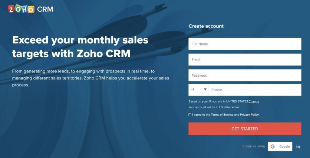 Zoho's post-click landing page only has a headline, a couple of sentences and a form to create an account.