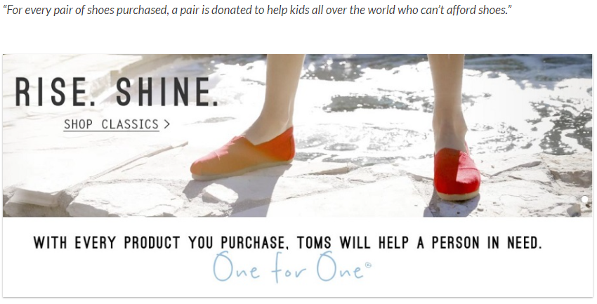 An advertisement of Toms that shows a person's feet, with the caption: With every product you purchase, Toms will help a person in need.