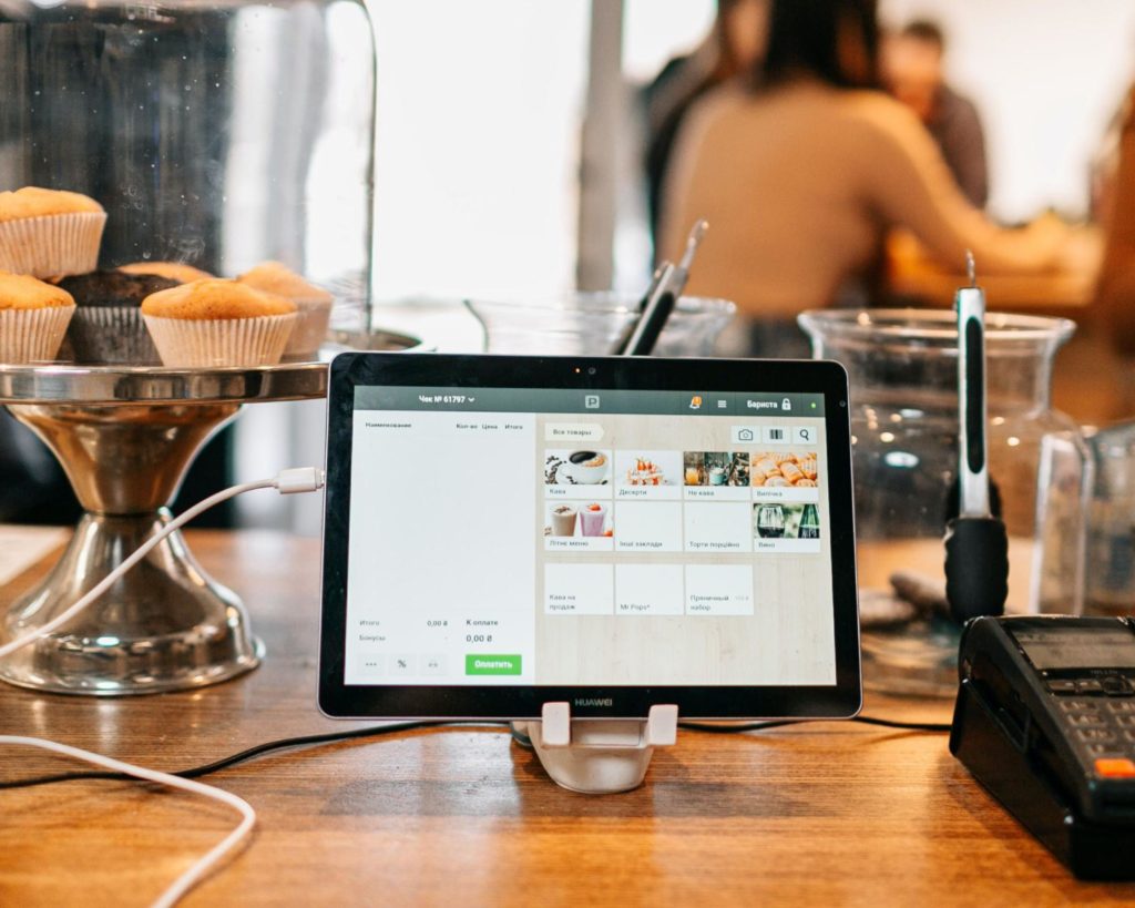 A point-of-sale device at a coffee shop.