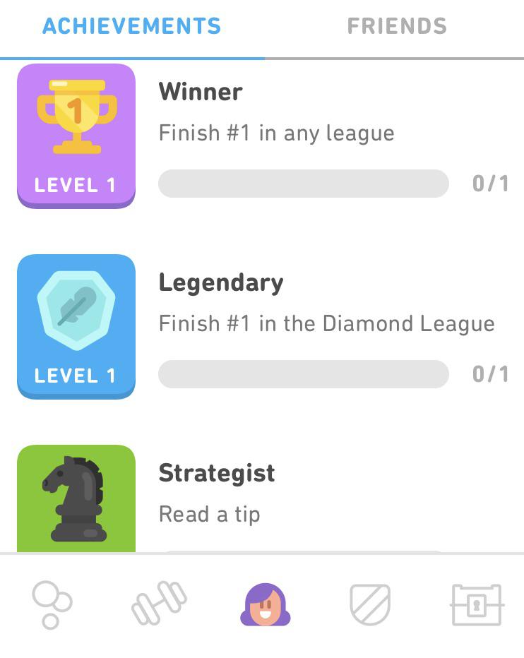 Screenshot of Duolingo's achievements screen showing different badges.