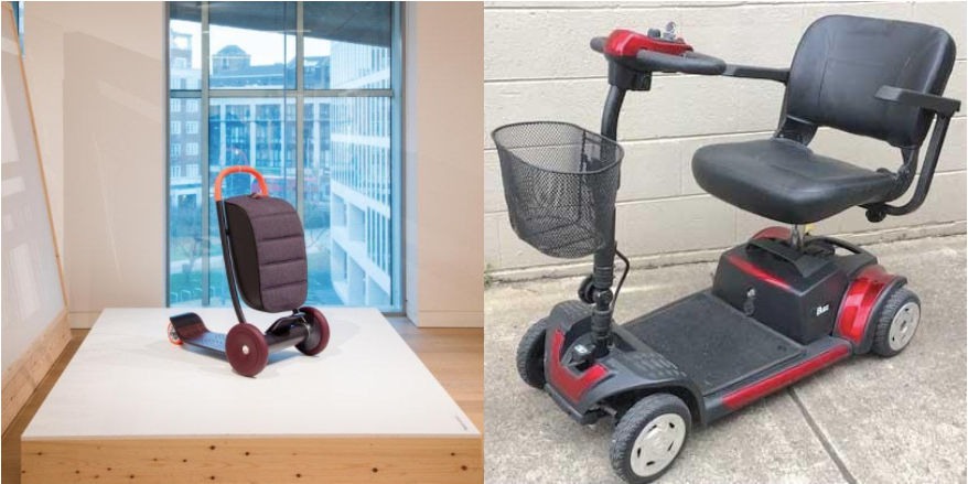 Side-by-side comparison of two different types of mobility scooters